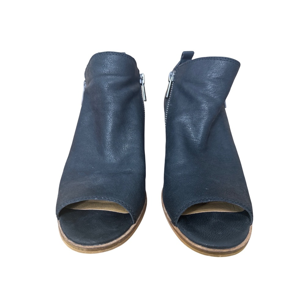 Lucky Brand Booties Women 8 Black Peep Toe Wedge Ankle Boots Leather Zipper